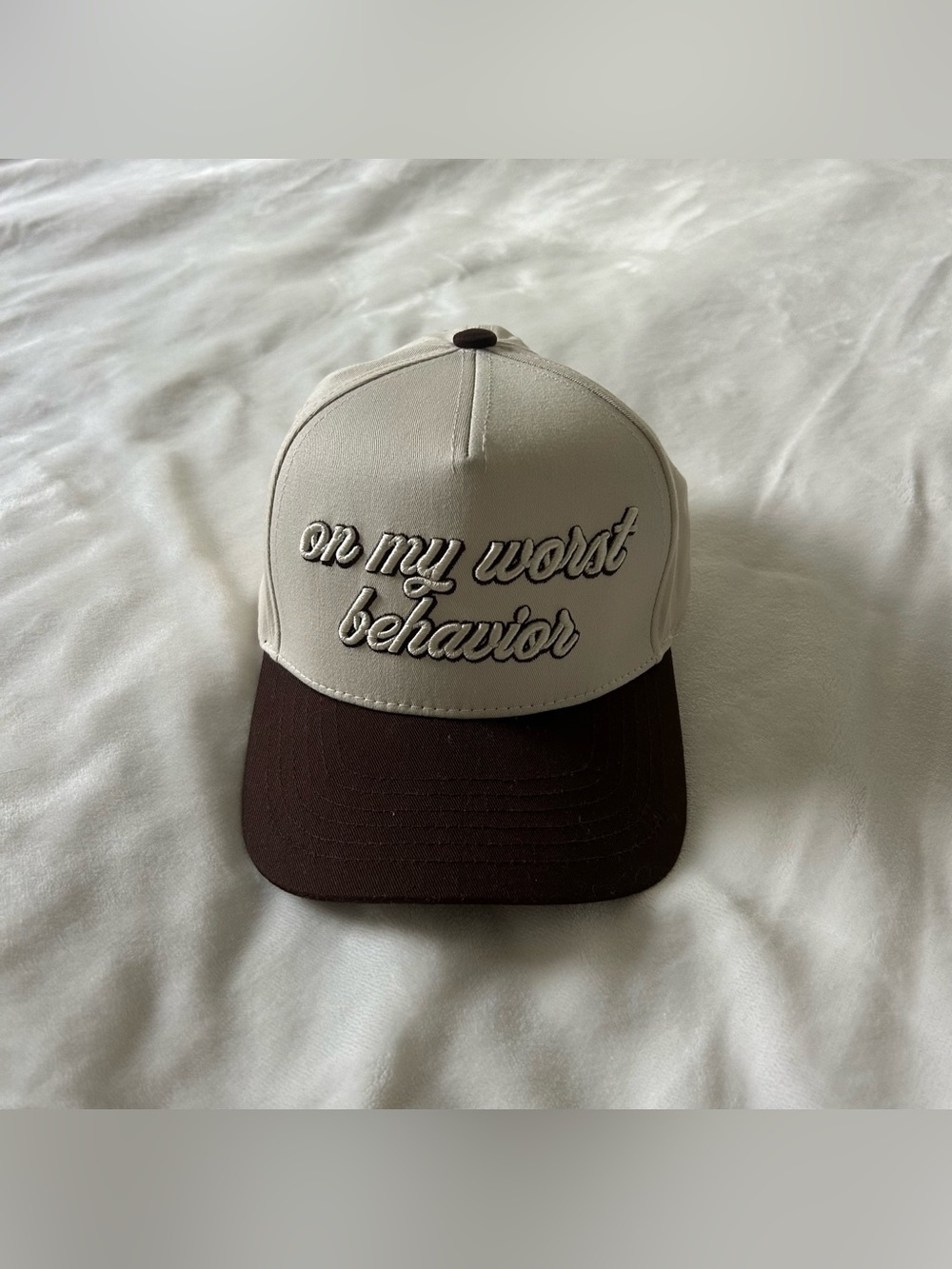 Palmetto Moon “On My Worst Behavior” Trucker Hat – Beige & Brown